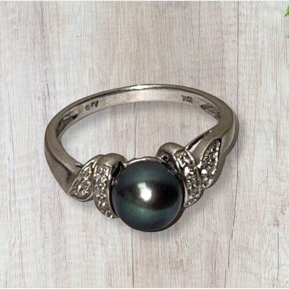 10k White Gold 9mm Grey Tahitian Pearl and Diamond Ring - Picture 4 of 15